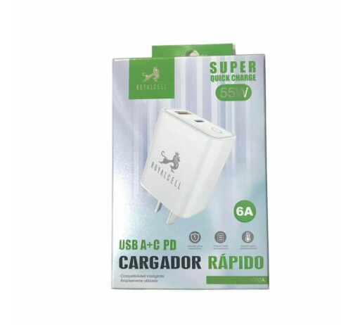 [7796350515327 RC9006000A] Cargador Cabezal  55W Usb A + Usb C Carga rapida Royalcell