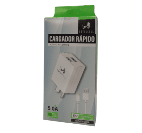 [504647 RC5005000A] Kit Cargador 2 en 1 Royalcell Lightning Carga Rapida 5A doble usb